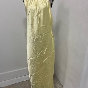 ZARA Satin Halter Maxi Dress Butter Yellow Open Back Slip Dress Size L